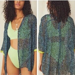 Free People Small Blue Animal Print Sheer Swim Suit Cover
Up Cardigan